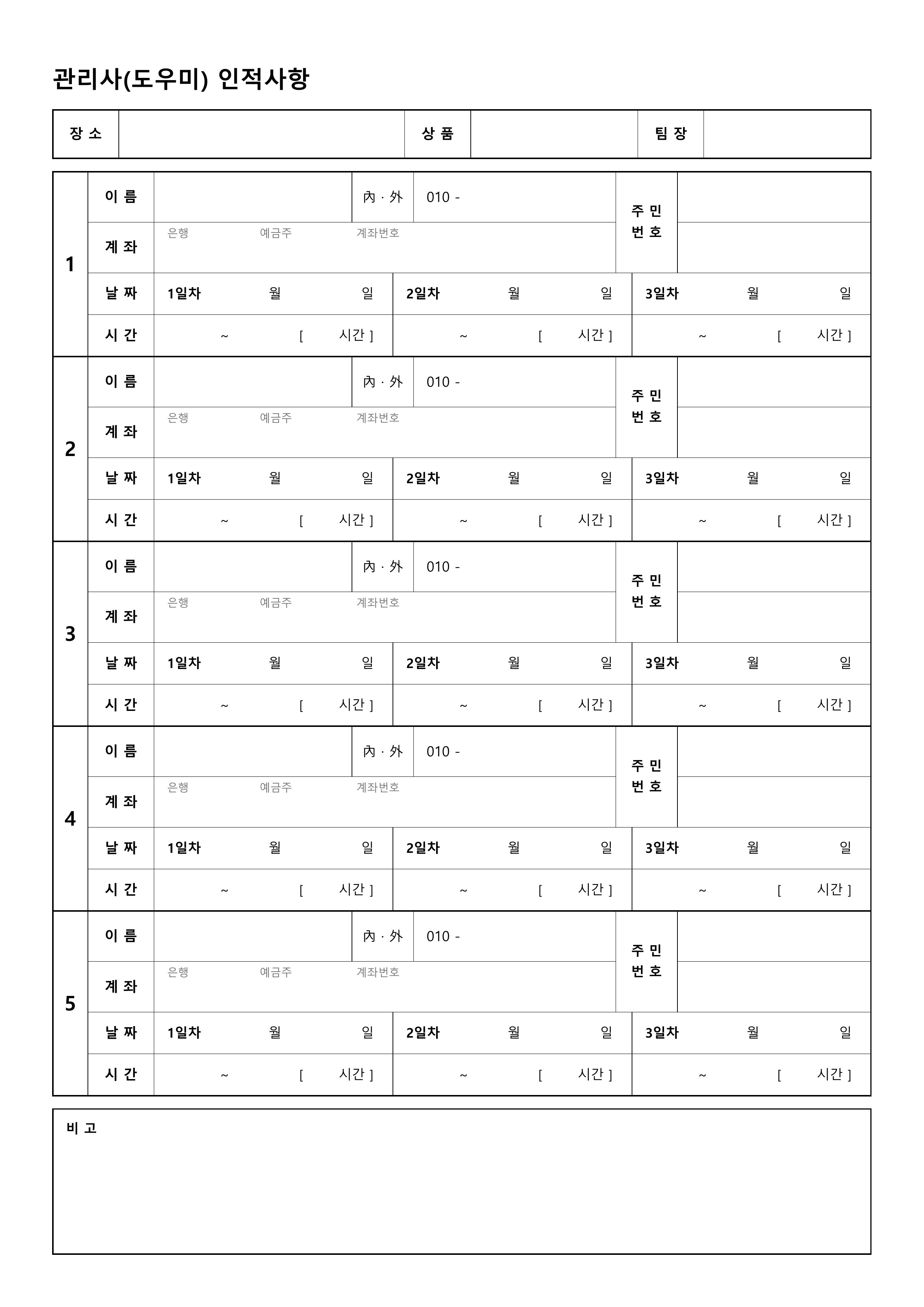 관리사 다섯 분의 인적사항과 근무시간을 손으로 적는 A4 빈 서식
